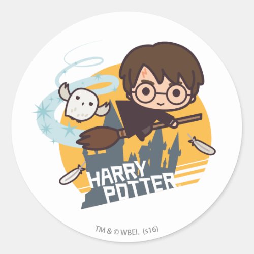 Cartoon Harry and Hedwig Flying Past Hogwarts Classic Round Sticker