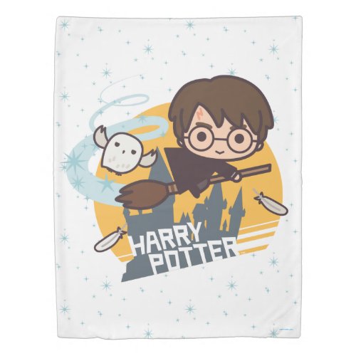 Cartoon Harry and Hedwig Flying Past Hogwarts Duvet Cover