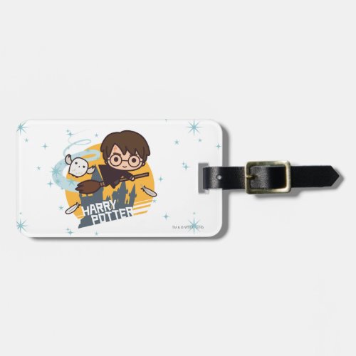 Cartoon Harry and Hedwig Flying Past Hogwarts Luggage Tag