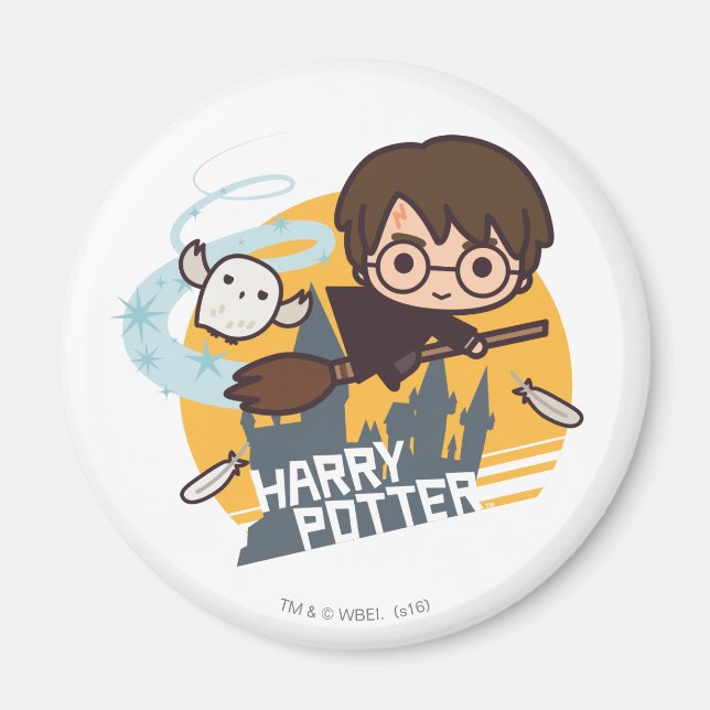 Cartoon Harry and Hedwig Flying Past Hogwarts Magnet (Front)