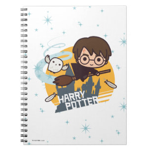 Cartoon Harry and Hedwig Flying Past Hogwarts Notebook