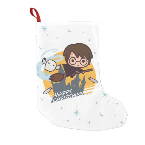 Cartoon Harry and Hedwig Flying Past Hogwarts Small Christmas Stocking