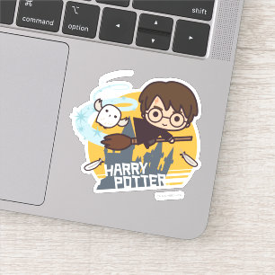 Cartoon Harry and Hedwig Flying Past Hogwarts Sticker