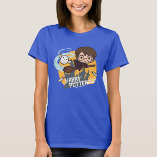 Cartoon Harry and Hedwig Flying Past Hogwarts T-Shirt