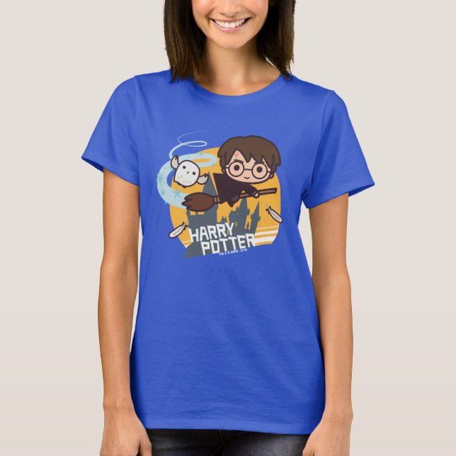 Cartoon Harry and Hedwig Flying Past Hogwarts T-Shirt (Front)