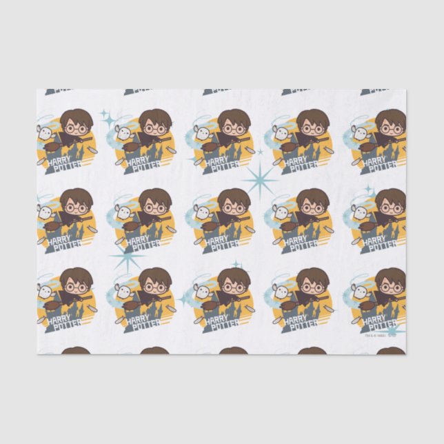 Cartoon Harry and Hedwig Flying Past Hogwarts Tissue Paper (Front)