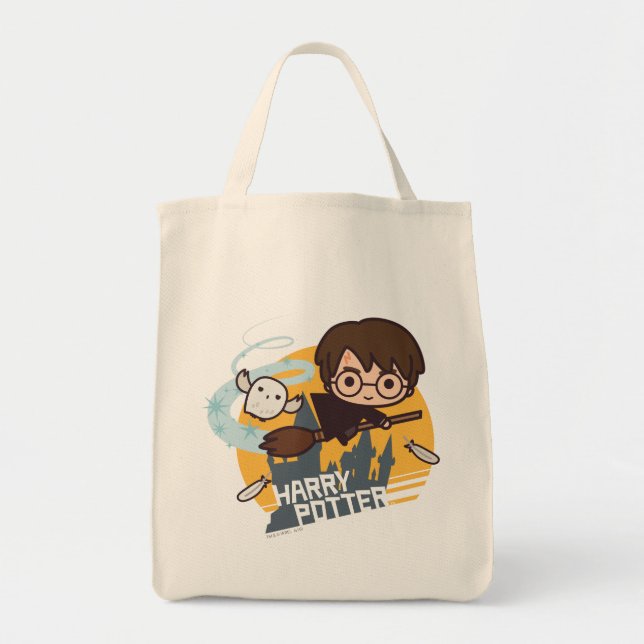 Cartoon Harry and Hedwig Flying Past Hogwarts Tote Bag (Front)
