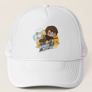 Cartoon Harry and Hedwig Flying Past Hogwarts Trucker Hat