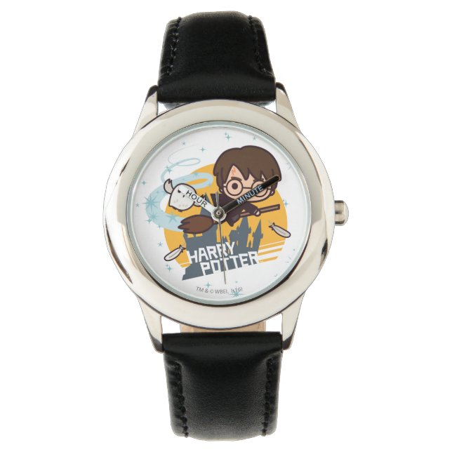 Cartoon Harry and Hedwig Flying Past Hogwarts Watch (Front)