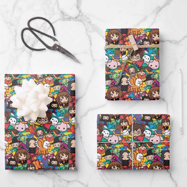 Cartoon Harry Potter Character Toss Pattern Wrapping Paper Sheets (Front)