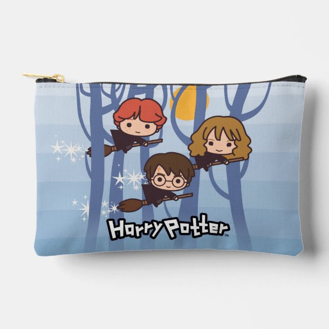 Cartoon Harry, Ron, & Hermione Flying In Woods Accessory Pouch (Front)
