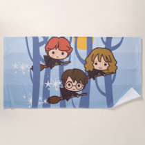 Cartoon Harry, Ron, & Hermione Flying In Woods Beach Towel