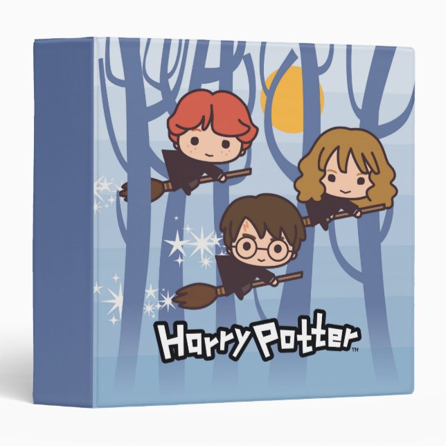 Cartoon Harry, Ron, & Hermione Flying In Woods Binder (Front/Spine)