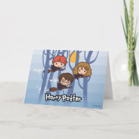 Cartoon Harry, Ron, & Hermione Flying In Woods Card