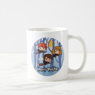 Cartoon Harry, Ron, & Hermione Flying In Woods Coffee Mug