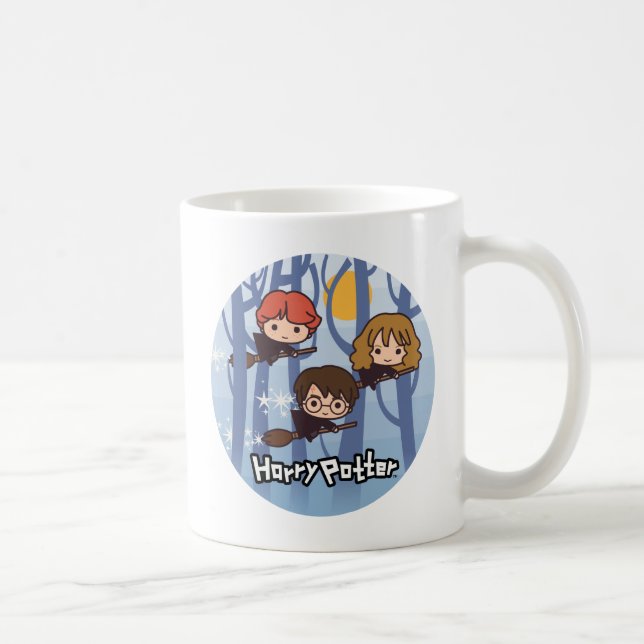 Cartoon Harry, Ron, & Hermione Flying In Woods Coffee Mug (Right)