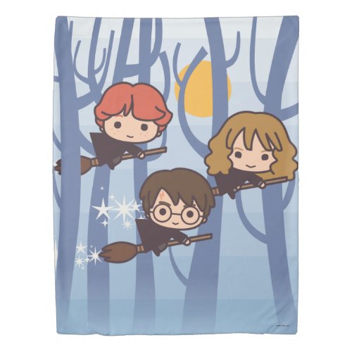 Cartoon Harry Ron  Hermione Flying In Woods Duvet Cover