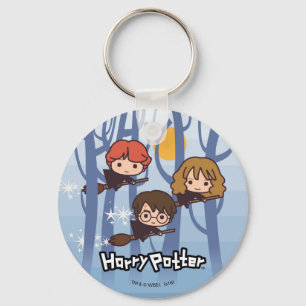 Cartoon Harry, Ron, & Hermione Flying In Woods Keychain