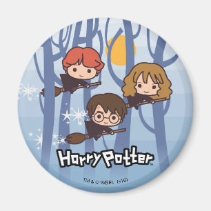 Cartoon Harry, Ron, & Hermione Flying In Woods Magnet