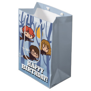 Cartoon Harry, Ron, & Hermione Flying In Woods Medium Gift Bag
