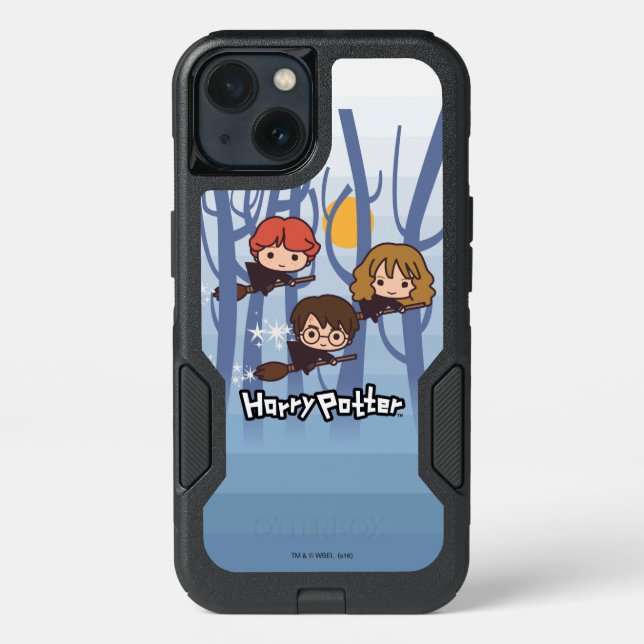 Cartoon Harry, Ron, & Hermione Flying In Woods Otterbox iPhone Case (Back)