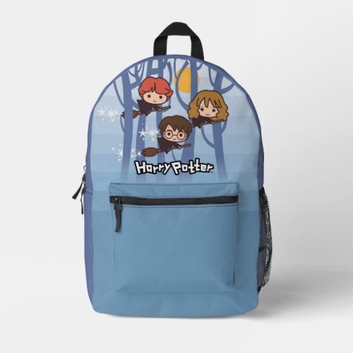 Cartoon Harry Ron  Hermione Flying In Woods Printed Backpack