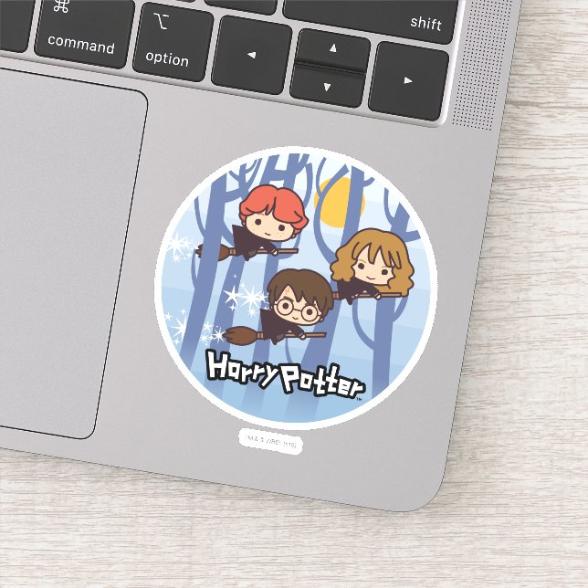 Cartoon Harry, Ron, & Hermione Flying In Woods Sticker (Detail)