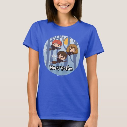 Cartoon Harry Ron  Hermione Flying In Woods T_Shirt