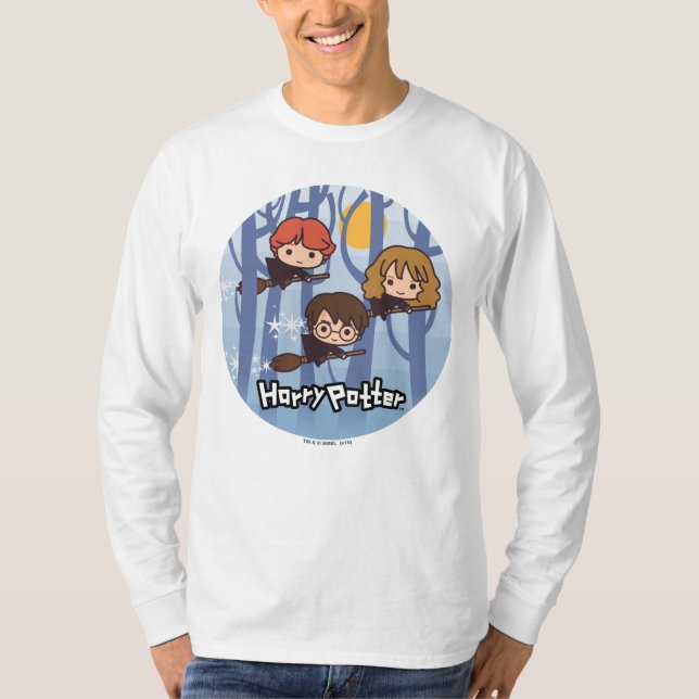 Cartoon Harry, Ron, & Hermione Flying In Woods T-Shirt (Front)