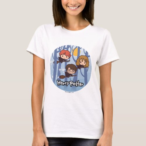 Cartoon Harry Ron  Hermione Flying In Woods T_Shirt