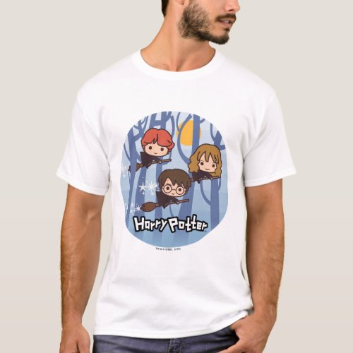 Cartoon Harry Ron  Hermione Flying In Woods T_Shirt
