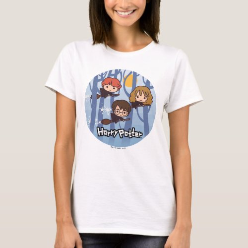 Cartoon Harry Ron  Hermione Flying In Woods T_Shirt