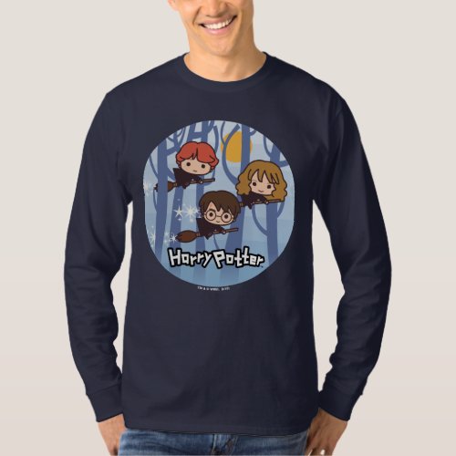 Cartoon Harry Ron  Hermione Flying In Woods T_Shirt