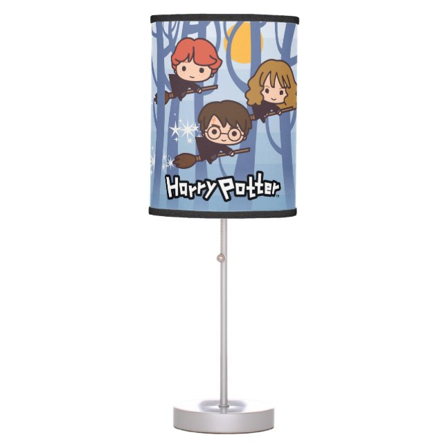 Cartoon Harry, Ron, & Hermione Flying In Woods Table Lamp (Front)
