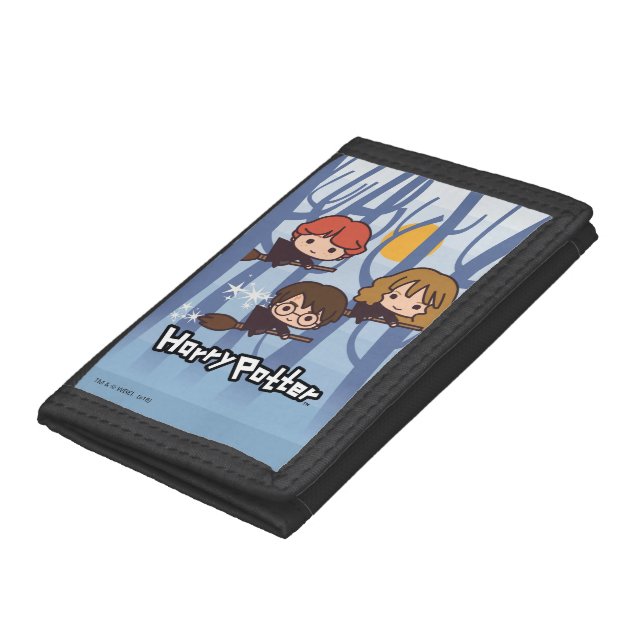 Cartoon Harry, Ron, & Hermione Flying In Woods Tri-fold Wallet (Bottom)