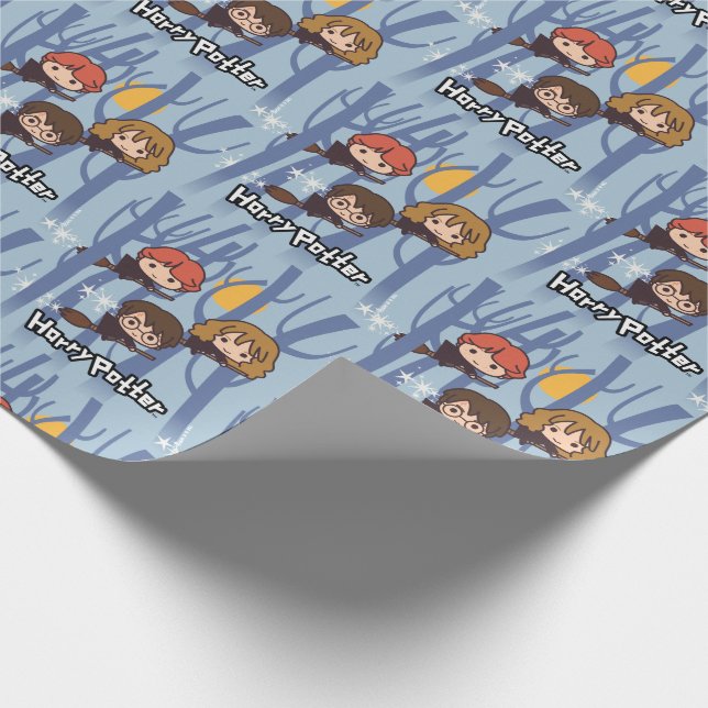 Cartoon Harry, Ron, & Hermione Flying In Woods Wrapping Paper (Corner)