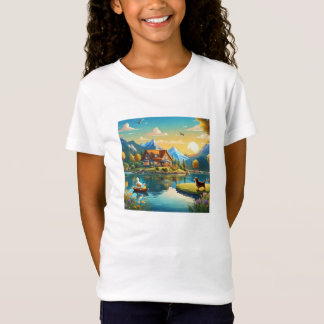 Cartoon Haus am Bergsee with animals T-Shirt