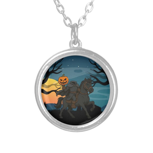 cartoon Headless Horseman Halloween/Autumn  Silver Plated Necklace (Front)