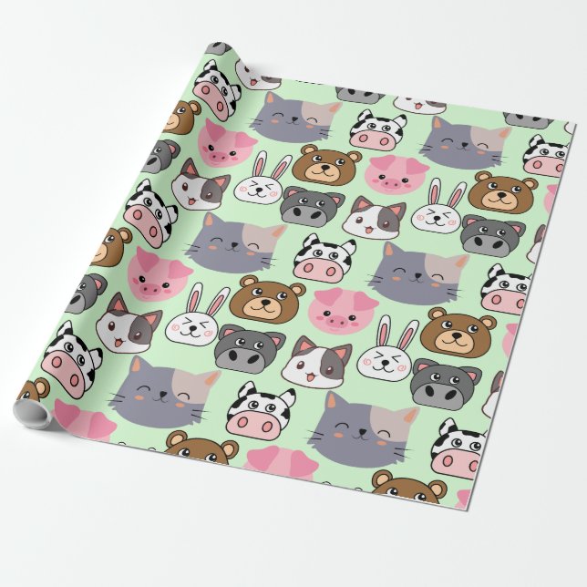 cartoon heads pattern.w Lgreen BG Wrapping Paper (Unrolled)