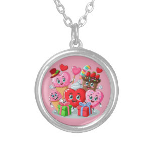 Cartoon Heart & Sweet friends valentine's day Silver Plated Necklace