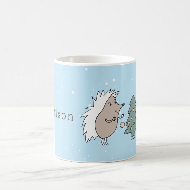Cartoon Hedgehog and Tree Christmas Coffee Mug (Center)