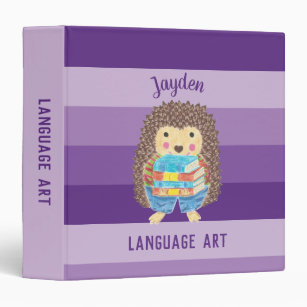 Cartoon hedgehog with books kid purple binder
