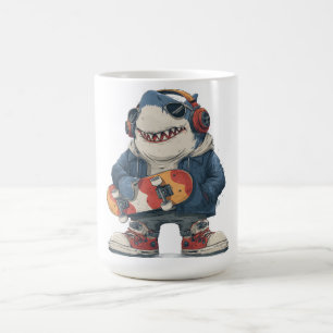 Cartoon Hip Hop Shark Character with Skateboard Coffee Mug