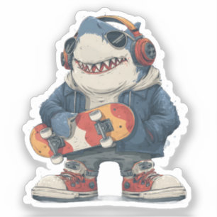 Cartoon Hip Hop Shark Character with Skateboard Sticker