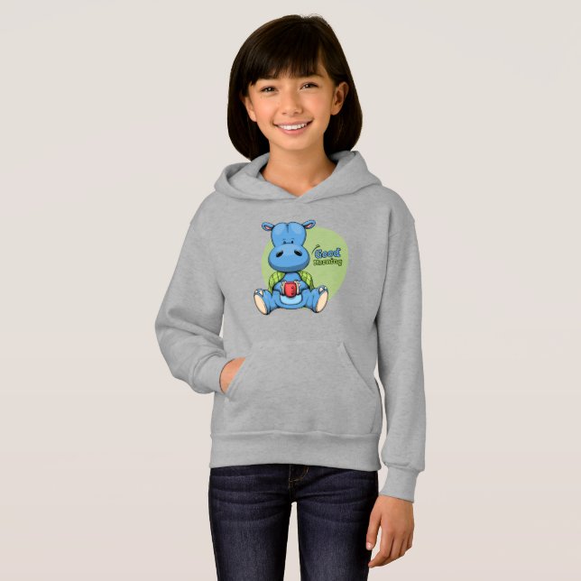 Cartoon Hippo | Kids Pullover Hoodie (Front Full)