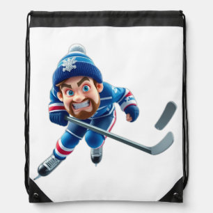Cartoon Hockey Player Skating with Intense Express Drawstring Bag