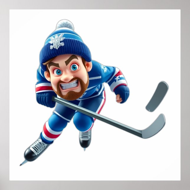 Cartoon Hockey Player Skating with Intense Express Poster (Front)