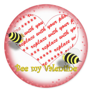 Cartoon Honey Bees "Bee My Valentine" Photo Frame Classic Round Sticker