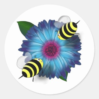 Cartoon Honey Bees Meeting on Blue Flower Classic Round Sticker