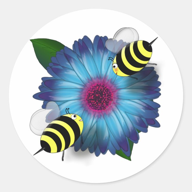 Cartoon Honey Bees Meeting on Blue Flower Classic Round Sticker (Front)